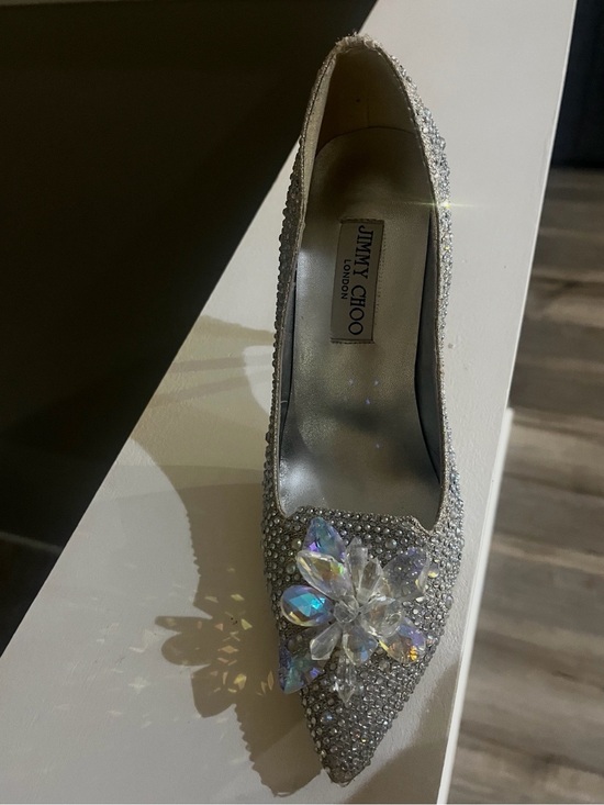 Jimmy Choo Shoes - Jimmy Choo Silver Crystal Pointed Toe Pump with Floral Jewel Accent